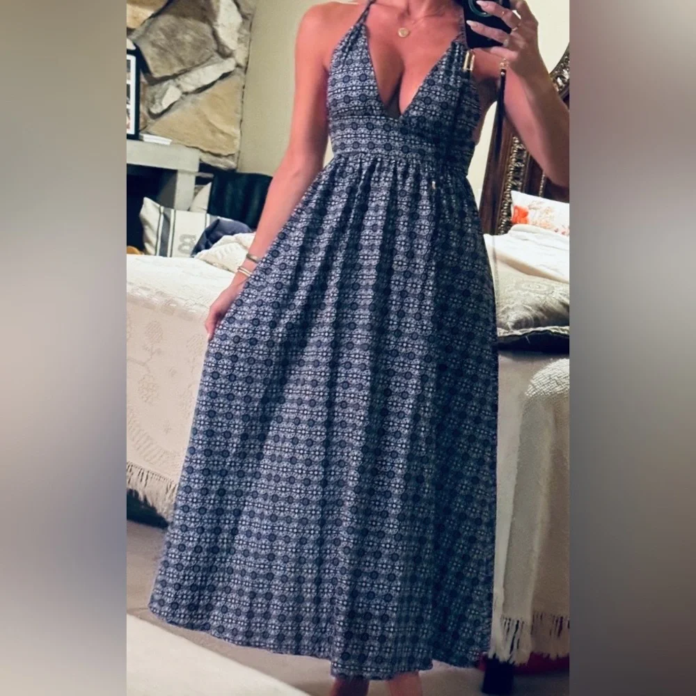 Evil Eye Navy Blue Boho Halter Maxi Dress | Deep V Neck | Tie Back | Size Small - Picture 1 of 6
